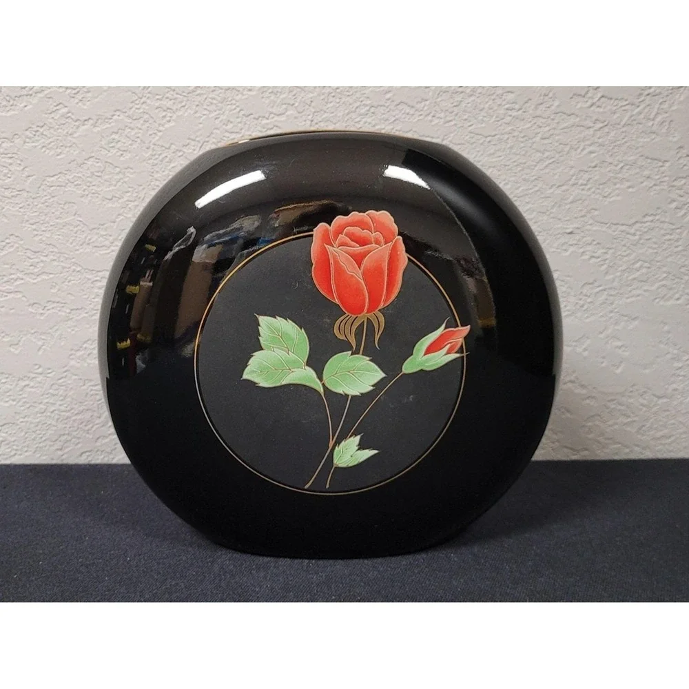 Vintage Otagiri Japan Crimson Rose Black Porcelain Vase 7 x 6 Inch